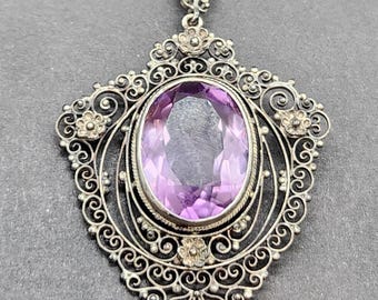 Antique Silver Amethyst Pendant - Floral Filigree Necklace - Peruzzi Style Jewelry - Vintage Gemstone Gift