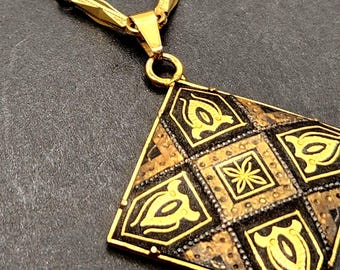 Coro Traditional Spanish Damascene Square Goldtone and Black Enamel Pendant on 24" Chain
