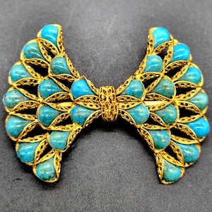 Broche vintage tchèque, or, filigrane, turquoise, cabochon, style Art déco image 1