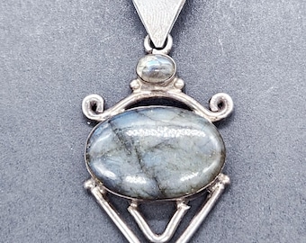 Vintage Sterling Silver Pendant | 1940s Art Deco Labradorite Jewelry | Geometric Drop Necklace 2.5"