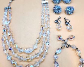 Vintage Laguna Aurora Borealis Crystal Jewelry Set: Necklace, Bracelet & Earrings