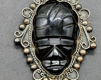 Sterling Silver Scrollwork Border 1940s Carved Obsidian Aztec or Mayan Mask Brooch Pin Vintage