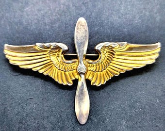 WWII Sterling Silver Air Force Sweetheart Pin | Gold-Plated Wings Propeller Brooch (3 Inch)