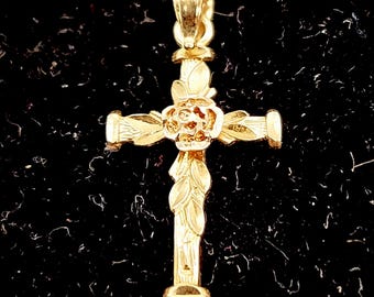 14K Yellow Gold Etched Leaf Cross Pendant | Two-Tone Gold Laser Cut Rose | 1" Drop | Christian Jewelry