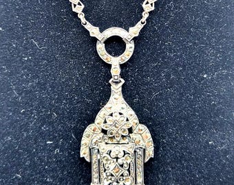 Vintage Sterling Silver Marcasite Pendant Necklace | Art Deco Style, 17" Chain