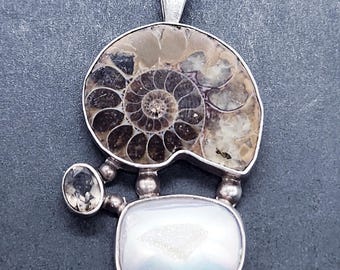 Sterling Silver Cluster Pendant | Ammonite Fossil, Druzy Quartz, Smoky Quartz | Unique 925 Jewelry 2.25"