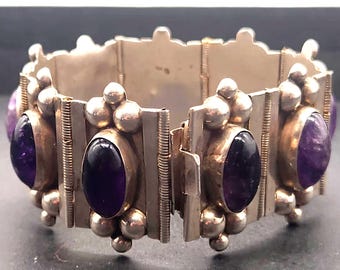 Vintage Sterling Silver Amethyst Panel Bracelet | 1940s Mexico Jewelry