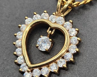 Vintage 14K Gold Over Sterling Silver Heart CZ Pendant Necklace