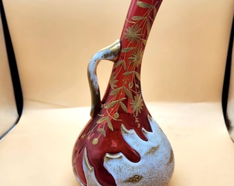 Rare Art Nouveau Vase | Cranberry Milk Glass & Gold Enamel Floral Decor | Early 1900s Bohemian Art Glass Style