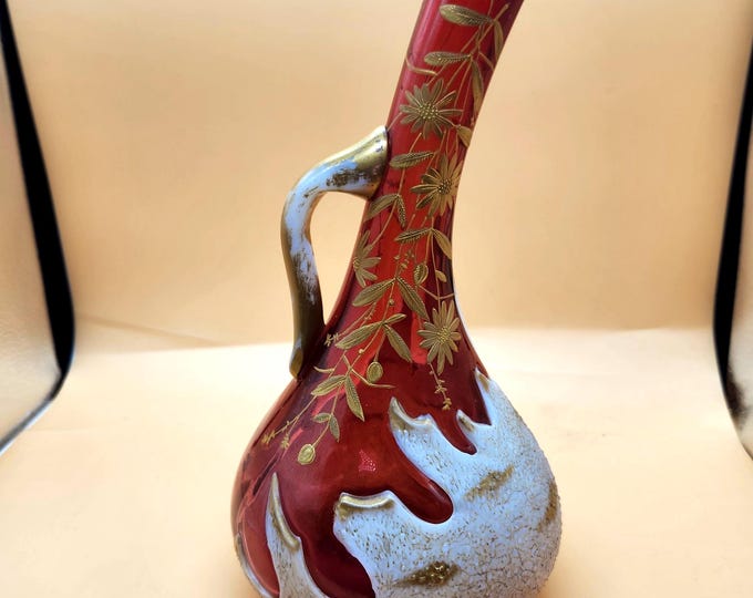 Featured listing image: Rare Art Nouveau Vase | Cranberry Milk Glass & Gold Enamel Floral Decor | Early 1900s Bohemian Art Glass Style
