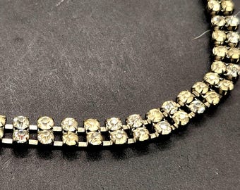 1940s Vintage Czech Double Row Rhinestone 14" Choker Necklace Silvertone