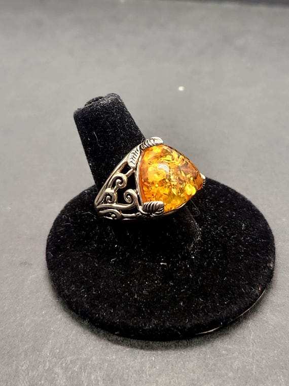 Baltic Amber Sterling Silver Ring | Triangle Cocktail Ring, Size 6