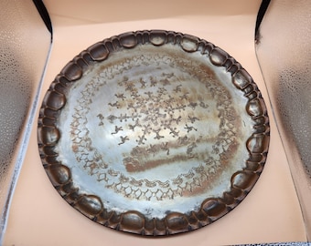 1920s Egyptian Hammered Copper Platter, Silvertone, 14" Diameter, Eqyptian Wall Hanging, Embossed Bird Design
