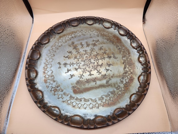 1920s Egyptian Hammered Copper Platter, Silvertone, 14" Diameter, Eqyptian Wall Hanging, Embossed Bird Design