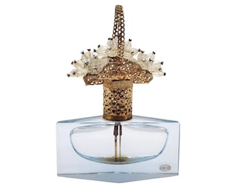 DeVilbiss West Germany Art Glass Flower Basket Perfume Bottle | Art Deco Hand Cut Crystal | Brass Filigree Beaded Top