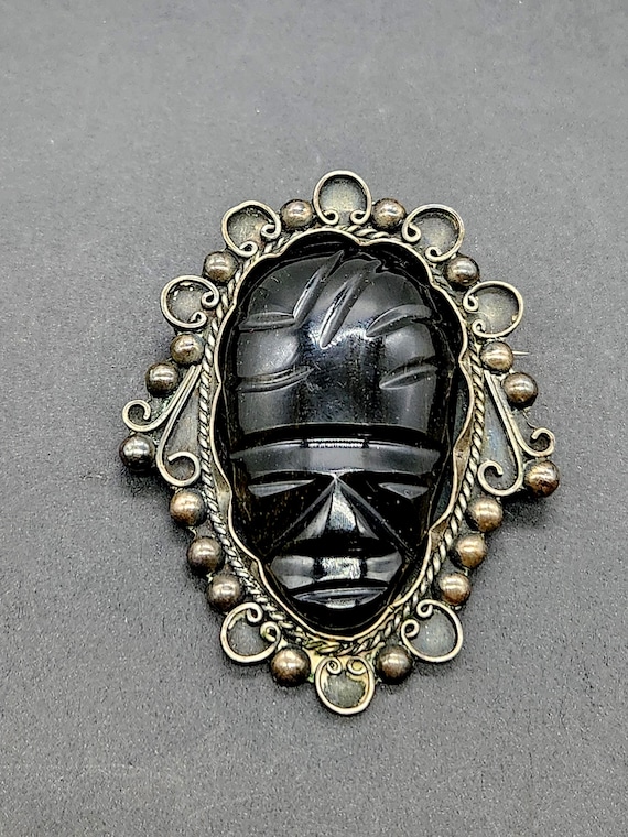 Sterling Silver Scrollwork Border 1940s Carved Obsidian Aztec or Mayan Mask Brooch Pin Vintage