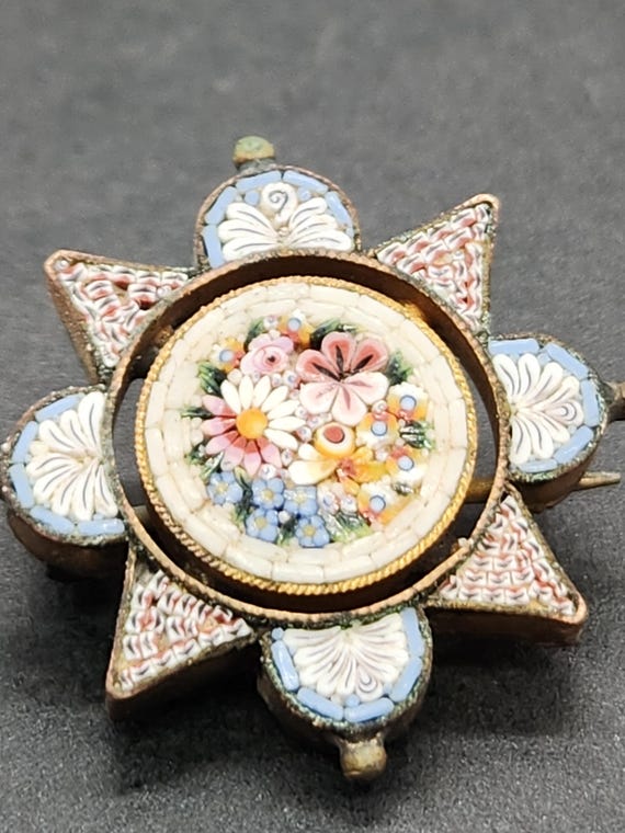 Micromosaic Floral Star Brooch, FAP Fabbrica Angelo Pessar, Beaded Details