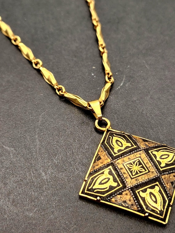 Coro Traditional Spanish Damascene Square Goldtone and Black Enamel Pendant on 24" Chain