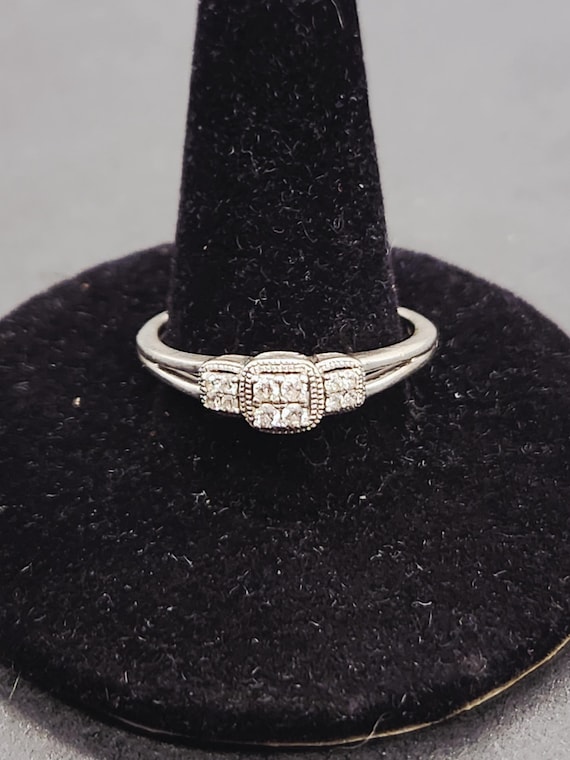 Diamond Three Stone Cluster Ring | 1/8 TCW Sterling Silver | Size 8.5 Engagement Promise Ring | Ready for Adjustment