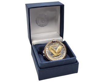 Gold Brushed Standing Liberty Quarter Dollar Silver Coin Ring | Patriotic Men's Size 9 | Gift in Box