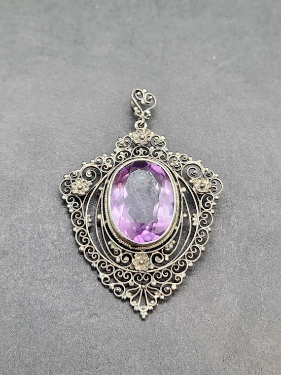 Antique Silver Amethyst Pendant - Floral Filigree Necklace - Peruzzi Style Jewelry - Vintage Gemstone Gift