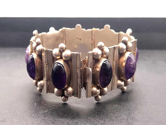 Vintage Sterling Silver Amethyst Panel Bracelet | 1940s Mexico Jewelry