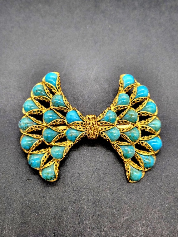 Vintage Czech Gold Filigree Turquoise Cabochon Bow Brooch, Art Deco Style