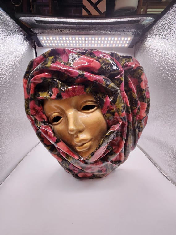 Venetian Mask Bud Vase: Lacquered Fabric & Gold Accent