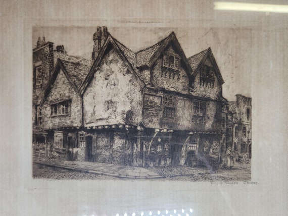 Vintage Edgar Tavern Etching: Chester England, William Monk Original Art