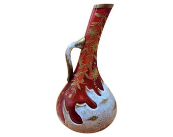 Rare Art Nouveau Vase | Cranberry Milk Glass & Gold Enamel Floral Decor | Early 1900s Bohemian Art Glass Style Genie Bottle