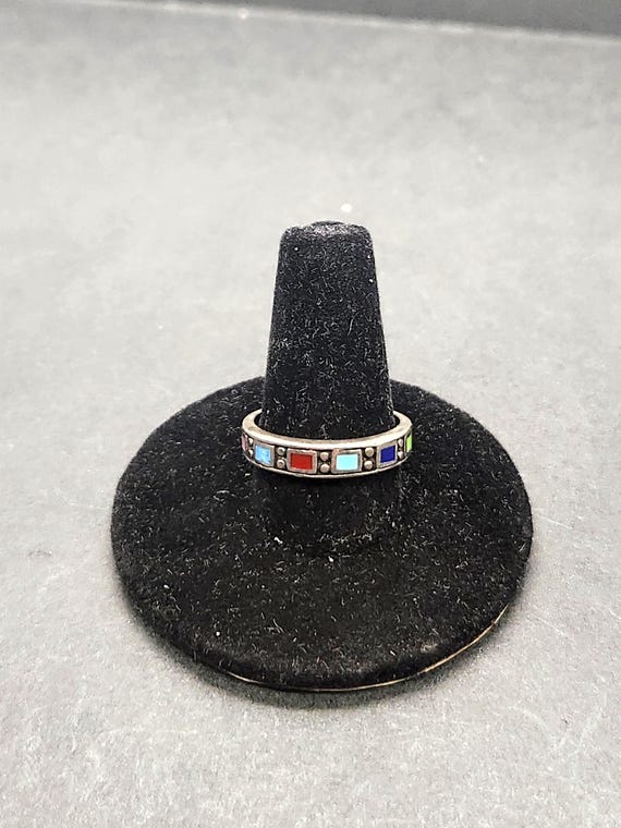 Sterling Silver Inlay Gemstone Ring | Stackable Band 7.5 | Turquoise Lapis Coral Rhodonite Sodalite | 925 Marked