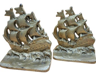 Pair of MCM Nautical Bookends - Spanish Galleon Ship, Gold Painted Cast Iron Bookends