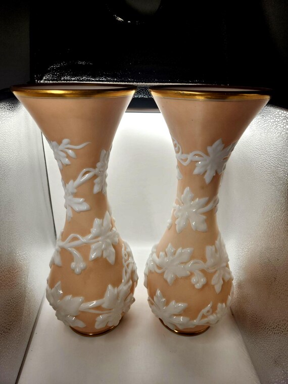 Baccarat Pink Opaline Vases - French 19th Century Baluster, Vine & Grape Motif, Gold Trim - Fantaisie No. 1