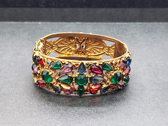 Antique Czech Rhinestone Bangle | Early 1900s Gold Tone Filigree Bracelet | Art Nouveau Bohemian Floral Jewelry Gift