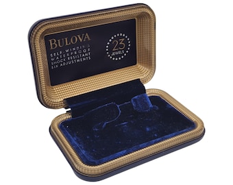 Bakelite Watch Display Box | 1960s Art Deco Blue & Gold | Bulova Guarantee Bond Included | Automatic Wrist Watch Case