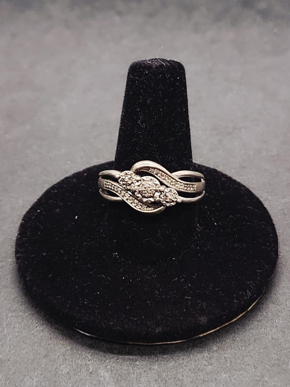 Vintage Sterling Silver Swirl Diamond Ring | 1/10 Ct TCW | Size 7 Engagement Ring | Designer SUN 925