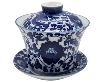 Vintage Chinese Gaiwan | Blue and White Porcelain Tea Set | Jingdezhen Floral Design, Qing Dynasty Style