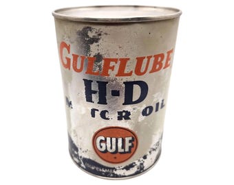 Rare GULF Oil Gulflube H-D Motor Oil 1 Quart Can | 1940s Vintage Gas & Oil Advertising Collectible