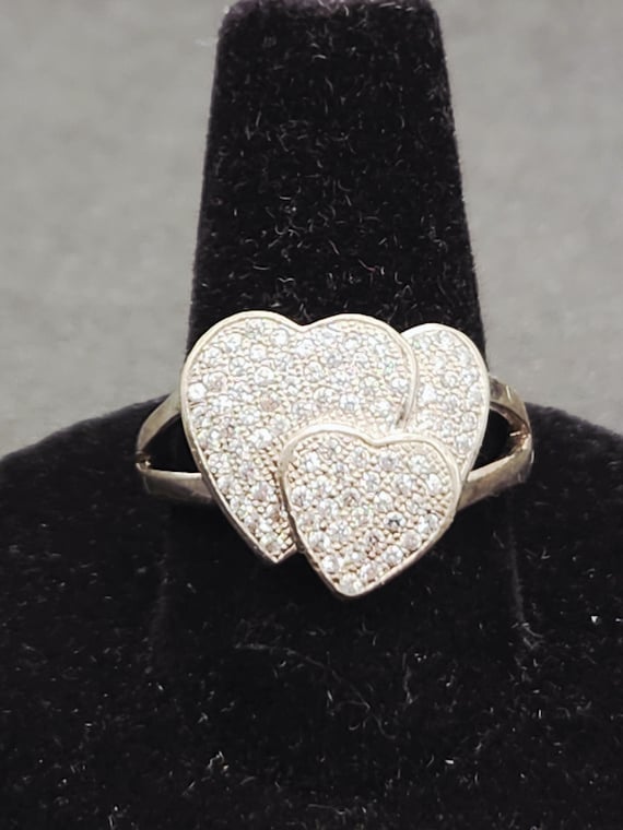 Sterling Silver Triple Heart CZ Cluster Ring | Love Promise Ring | Cubic Zirconia Stackable Ring | Gift for Her