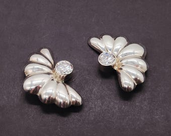 950 Silver Modernist Clip On Earrings | Vintage Taxco Orquidia CZ Wings | Mexican Sterling