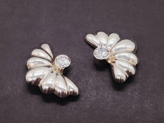 950 Silver Modernist Clip On Earrings | Vintage Taxco Orquidia CZ Wings | Mexican Sterling