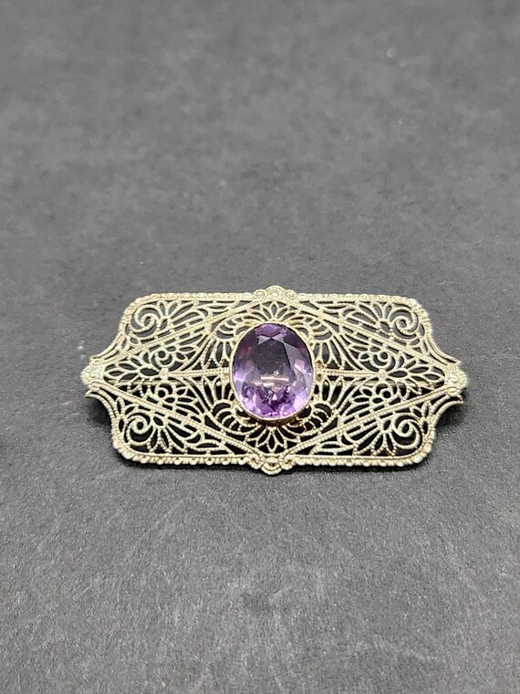 Vintage 10K White Gold Amethyst Brooch | Art Nouveau Scrollwork Pin | Antique Style Jewelry Gift