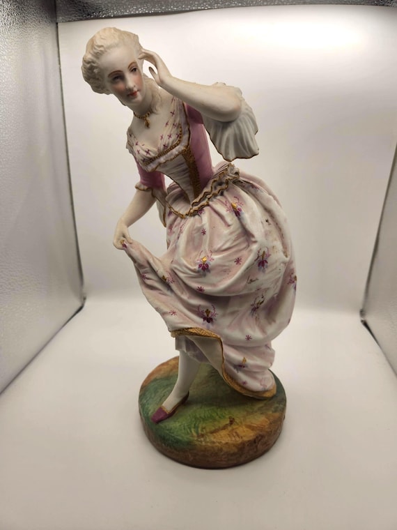 19th Century Bisque Porcelain Dancing Victorian Woman Figure - Hand Painted Jean Gille Style Statue | Grandmillennial Decor