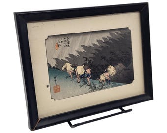 Ukiyo-e Woodblock Print | Vintage Japanese Art | Shono Driving Rain | Framed 7" x 5" Wall Decor