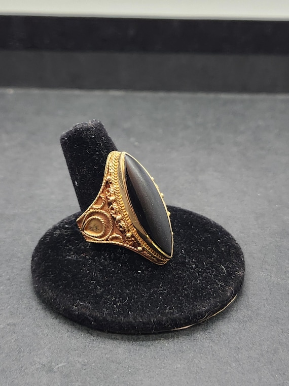 14K Gold Victorian Filigree Black Onyx Cocktail Ring | Antique Statement Jewelry for Men & Women | Size 7.5