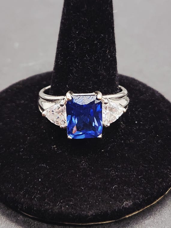 3ct Radiant Blue Sapphire Ring | Sterling Silver Trillion White Topaz Engagement Style Ring | Size 9 Marked 925