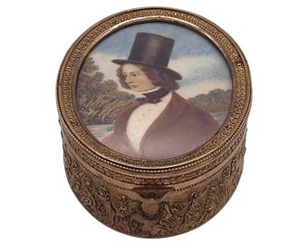 Antique Ormolu Brass Trinket Box | 19th Century Horsewoman Miniature Portrait