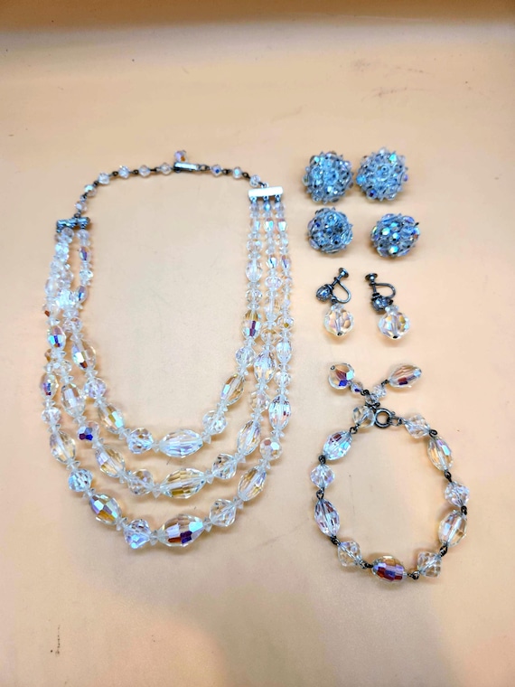 Vintage Laguna Aurora Borealis Crystal Jewelry Set: Necklace, Bracelet & Earrings