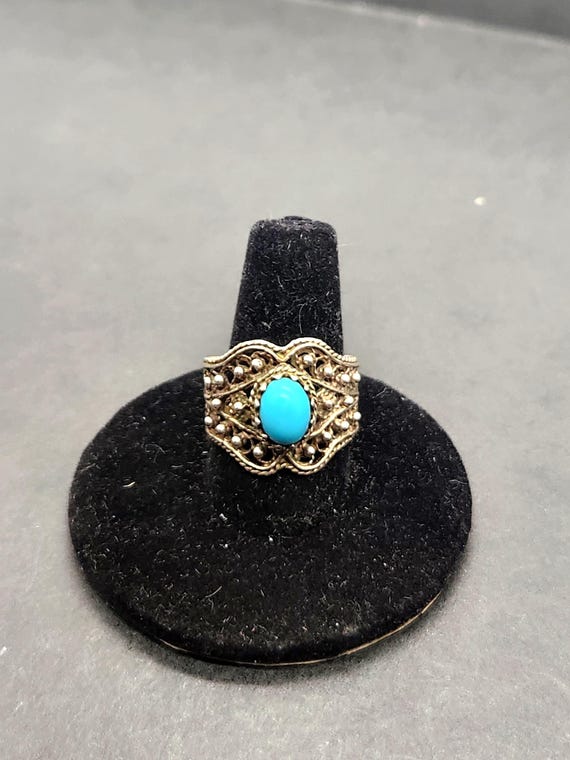 Vintage Italian Sterling Silver Etruscan Filigree Turquoise Band Ring | Size 7 | 5.6g Statement Ring