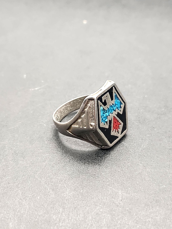 1950s Navajo Thunderbird Ring | Sterling Silver Turquoise Coral Chip Inlay Cocktail Ring | Men's Size 11.5 | Vintage Native American Jewelry